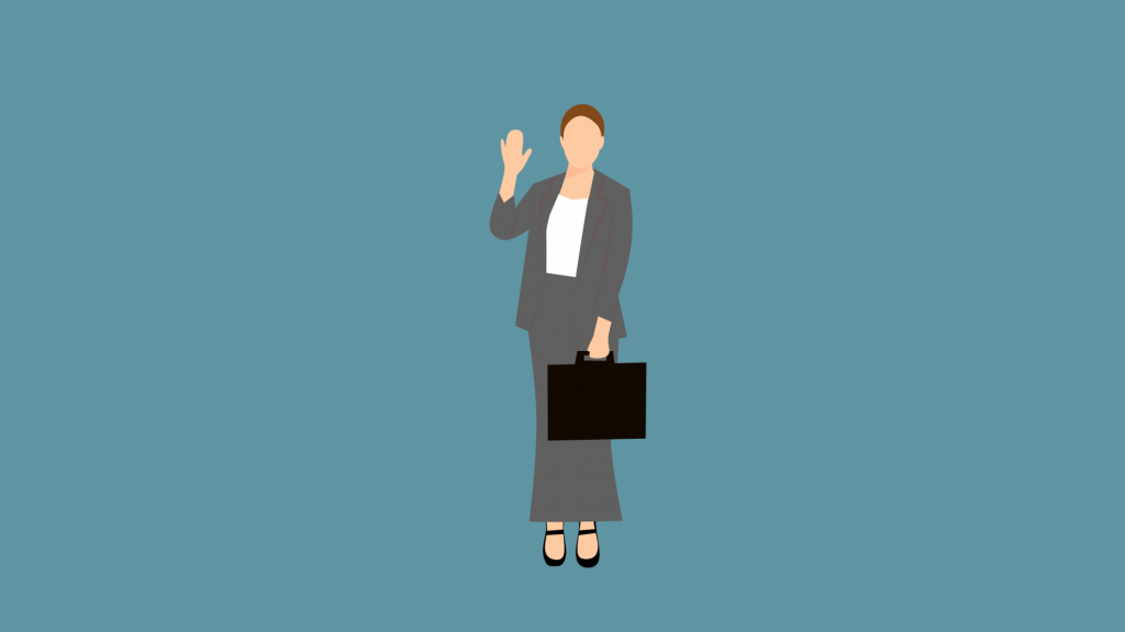 Businesswoman waving with right hand and holding briefcase in left.