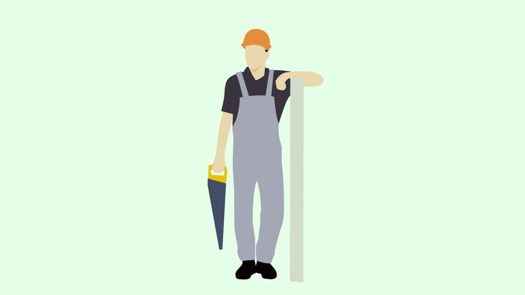 Illustration of construction worker holding saw and leaning on pole.