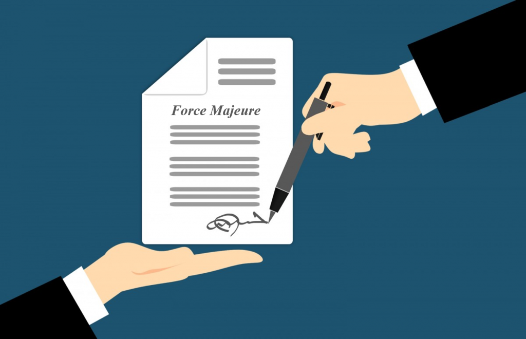 Graphic shows two hands. One holding a contract that shows Force Majeure and the other hand signing.