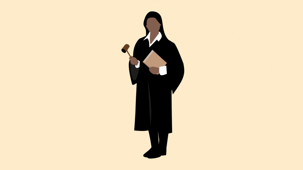 Female judge holding notebook and gavel