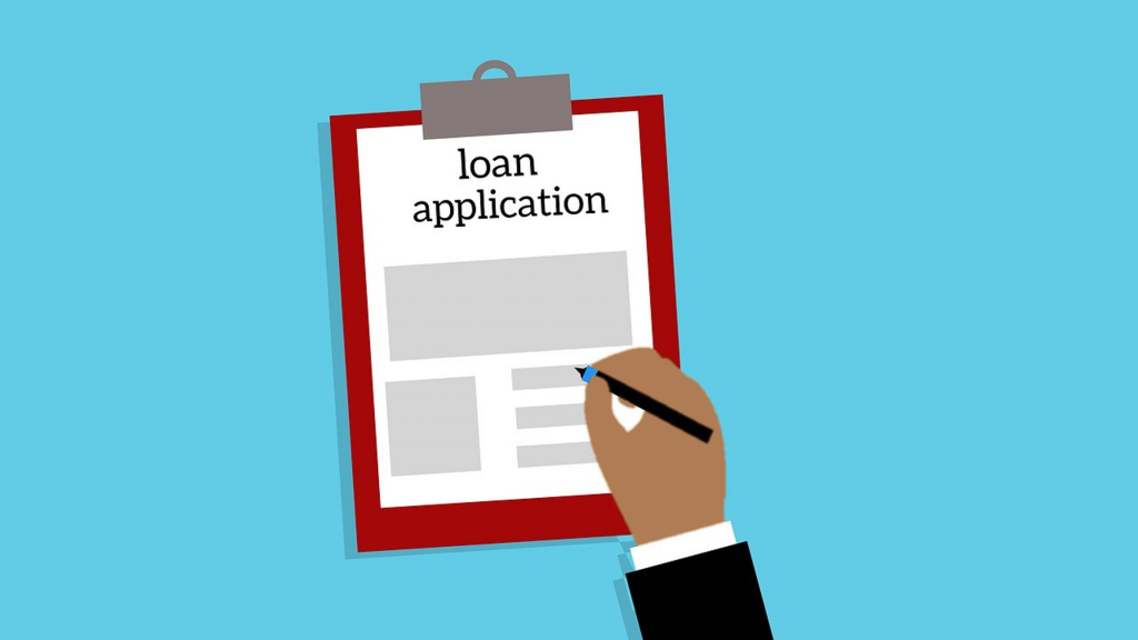 Illustration of hand completing loan application on clipboard