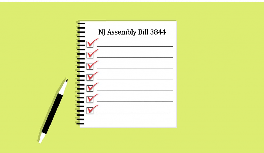 Illustration of checklist with pen - title of checklist is NJ Assembly Bill 3844 on green background