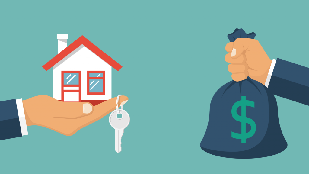 Illustration depicting security deposit. One hand holding house with keys and the other hand holding a sack of money.