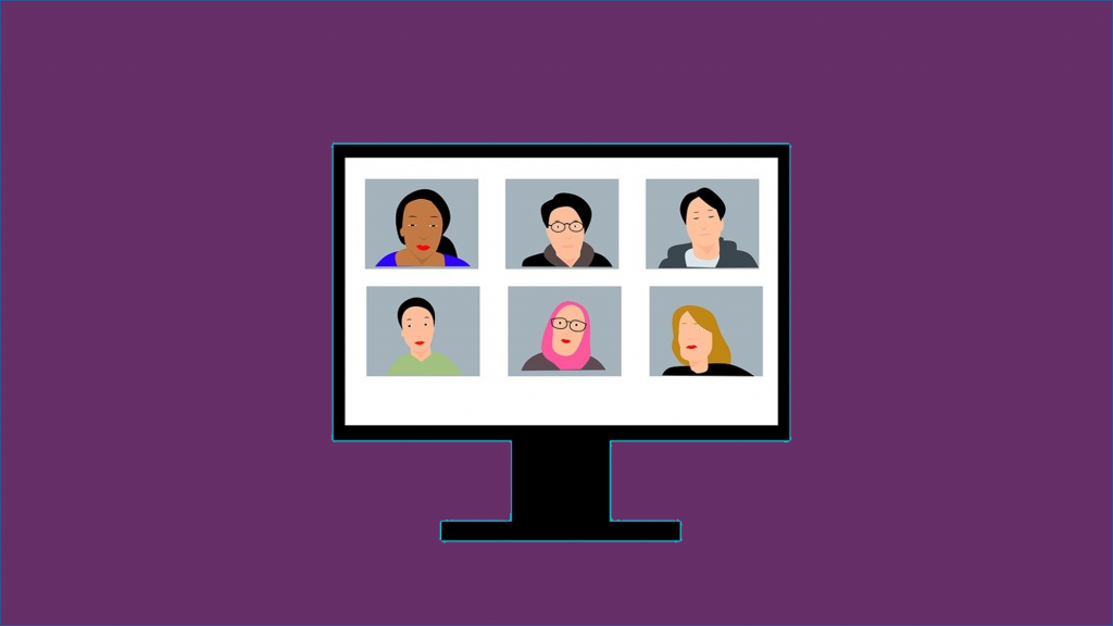 Illustration of computer monitor with six people video chatting